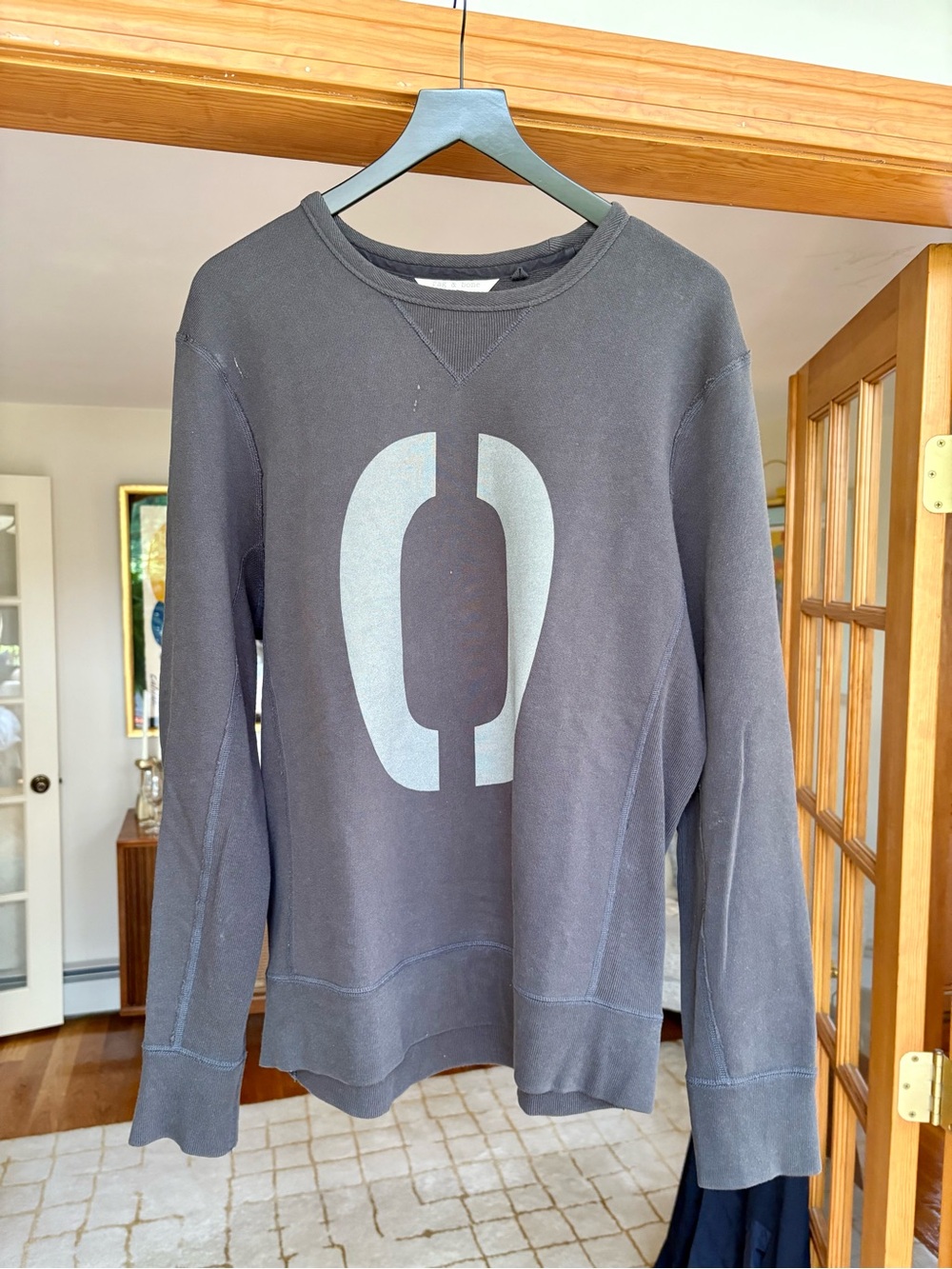 rag & bone Men's Crewneck Sweater in Charcoal with Pale Gray Graphic